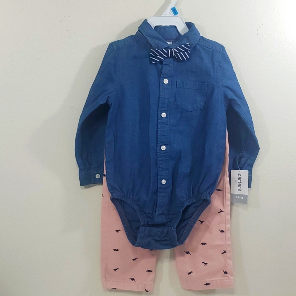 Carter's matching set bow tie & dinosaur pink pants 24 months